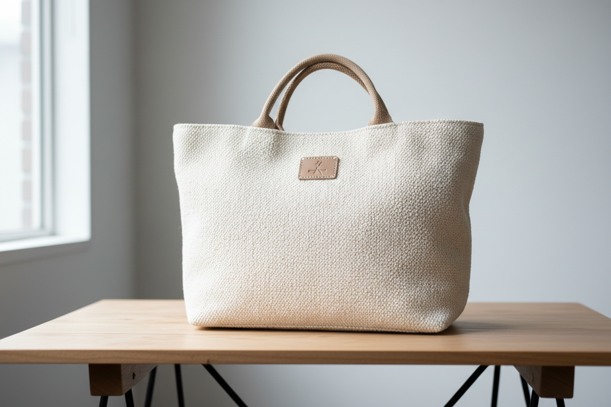 A hand bag on the table and background shuld be simple and handbag should be of Canvas design focus should be on handbag