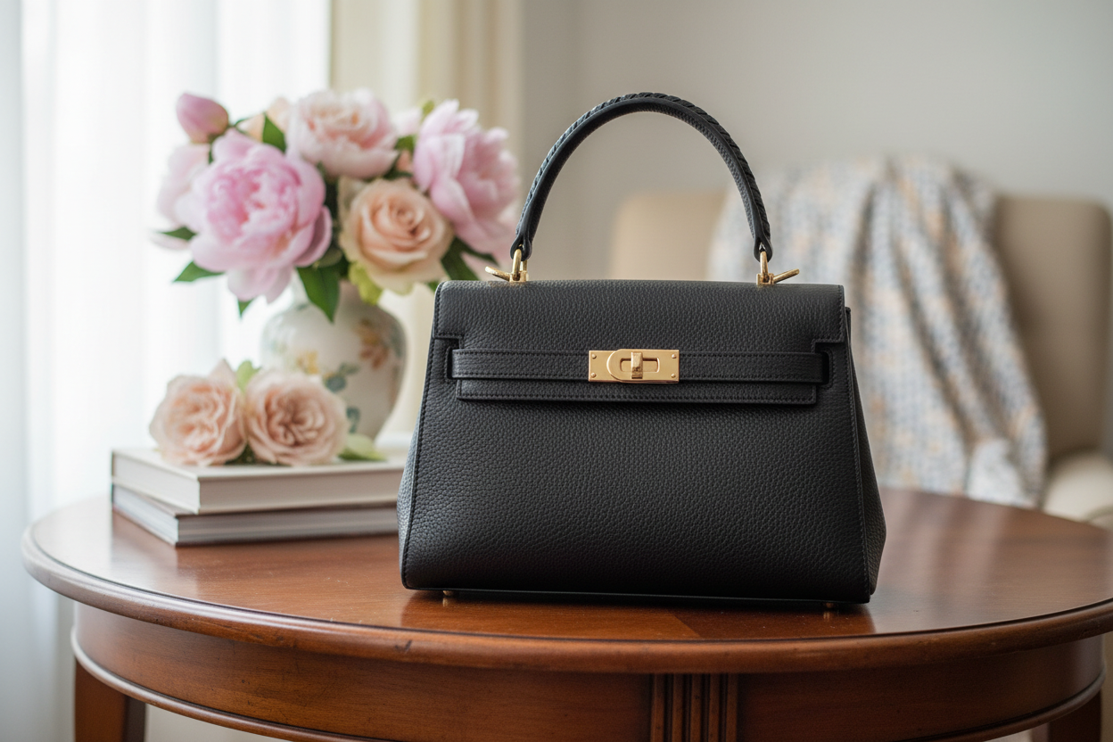 a ladies handbag on table with decorative background but focus should be on handbag