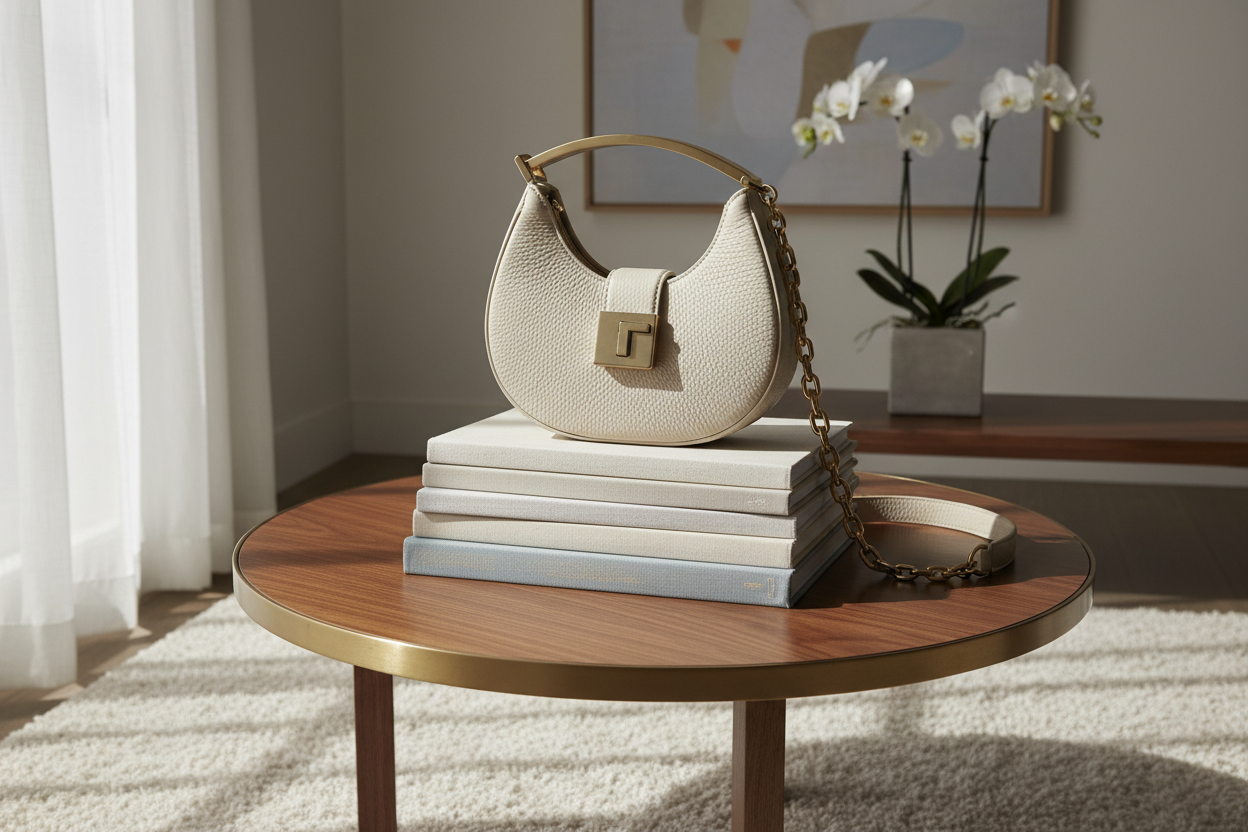 a round table with book stack and on book there shuld be a new design handbag