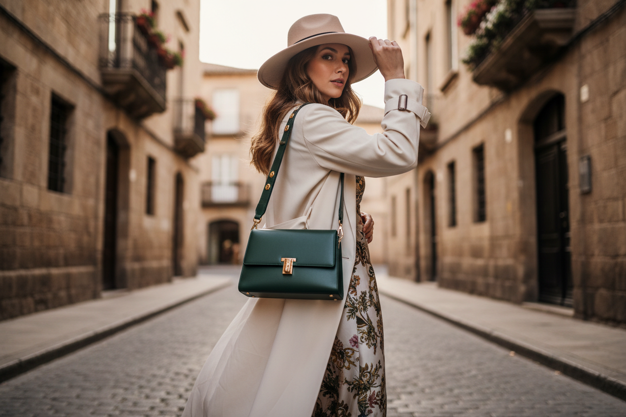 A women hanged ladies handbag on her shoulder and looking backword'